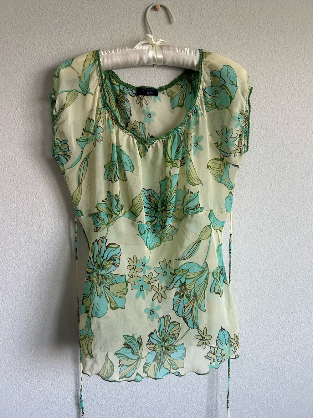 Y2K Sheer Floral Drawstring Women's Top Mint Green With a Tie Back